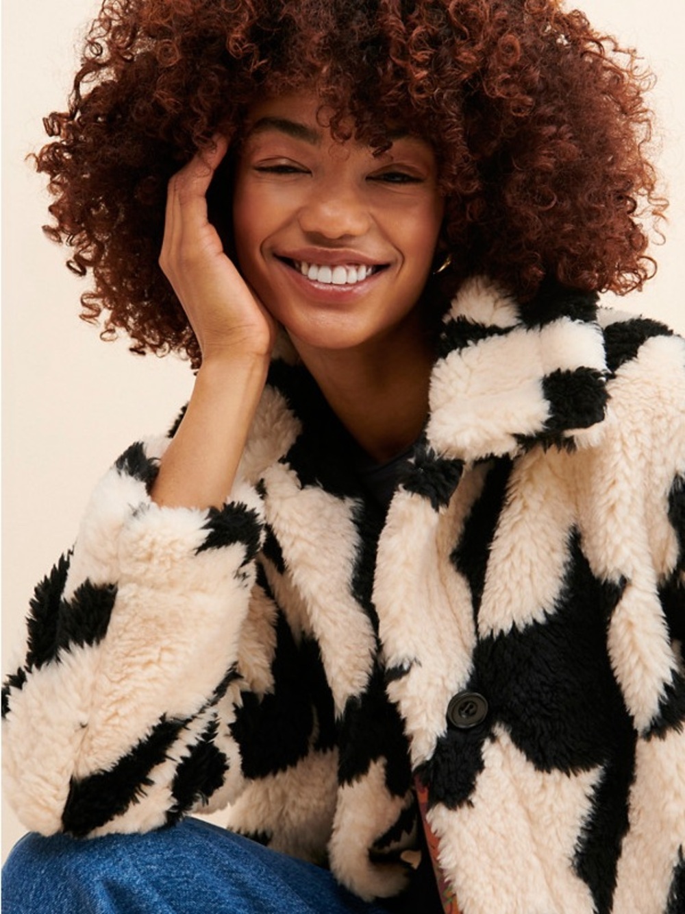 Women’s Black & Cream Faux Shearling Jacket - “Love Birds Houndstooth Coat” - Picture 9 of 10